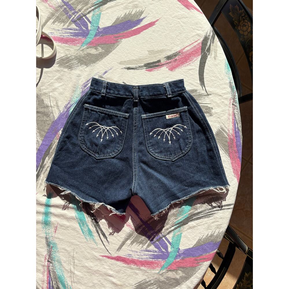 1970s 70s Vintage Pizzazz Blue Denim High Waist Jean Shorts